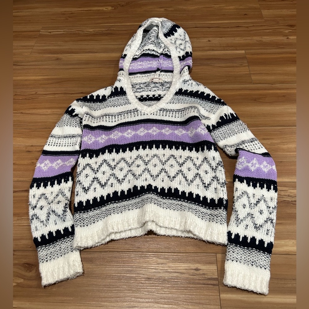 Arizona Jean Company V-Neck Hooded Sweater - Black, White, Purple Size Small
